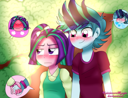 Size: 2200x1700 | Tagged: safe, artist:rainicornmagic, aria blaze, scherzo lesto, sonata dusk, equestria girls, alternate hairstyle, arischerzo, arisona, blushing, equestria guys, female, holding hands, male, rule 63, shipping, straight, tsundaria, tsundere