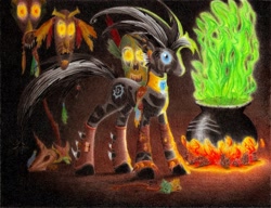 Size: 2175x1673 | Tagged: safe, artist:philo5, derpibooru import, zecora, zebra, cauldron, fire, masks, nightmare, nightmare zecora, nightmarified, solo, traditional art