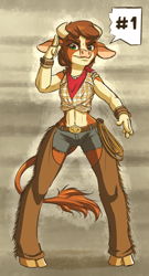 Size: 1568x2912 | Tagged: safe, artist:mykegreywolf, arizona cow, anthro, cow, unguligrade anthro, them's fightin' herds, abs, bandana, belly button, belt, chaps, clothes, cloven hooves, community related, daisy dukes, female, lasso, midriff, rope, shorts, solo