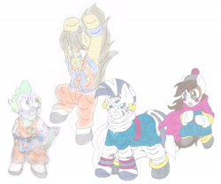 Size: 3032x2517 | Tagged: safe, artist:blackbewhite2k7, caramel, pipsqueak, spike, zecora, dragon, zebra, caramel is awesome, chiaotzu, colored sketch, crossover, dragon ball z, krillin, simple background, sketch, third eye, tien shinhan, white background, wip, yamcha