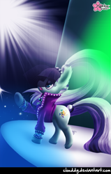 Size: 573x900 | Tagged: safe, artist:clouddg, coloratura, the mane attraction, audience, countess coloratura, open mouth, raised hoof, signature, singing, solo, spotlight, stage