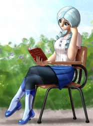 Size: 1876x2516 | Tagged: safe, artist:mykegreywolf, oc, oc only, oc:opuscule antiquity, human, 2015, book, chair, clothes, commission, cute, desk, humanized, humanized oc, reading, signature, sitting, solo