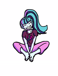 Size: 1275x1650 | Tagged: safe, artist:axixion, sonata dusk, equestria girls, barefoot, clothes, eyes closed, feet, grin, pajamas, simple background, sitting, solo