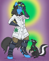 Size: 794x1000 | Tagged: safe, artist:kaemantis, oc, oc only, oc:crystal quartz, anthro, skunk, unguligrade anthro, unicorn, animal, anthro oc, atom, bowtie, clothes, cutie mark on clothes, female, freckles, glasses, gloves, goggles, lab coat, pet, pet oc, pince-nez, rubber gloves, scientist, test tube