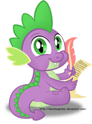 Size: 1024x1379 | Tagged: safe, artist:aleximusprime, spike, dragon, cute, feather, looking at you, looking back, quill, scroll, simple background, sitting, smiling, solo, transparent background, writing