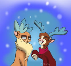 Size: 836x780 | Tagged: safe, artist:alorix, arizona cow, velvet reindeer, cow, deer, reindeer, them's fightin' herds, antlers, clothes, cloven hooves, community related, female, gradient background, lesbian, shipping, velvezona, velvezona daily