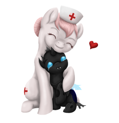 Size: 1126x1157 | Tagged: safe, artist:silverwolfeye, nurse redheart, changeling, nymph, crying, cute, cuteling, happy, heart, hug, smiling