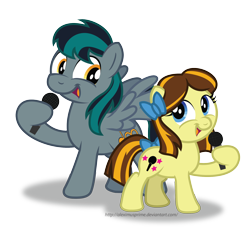 Size: 1952x1890 | Tagged: safe, artist:aleximusprime, oc, oc only, oc:blackgryph0n, blackgryph0n, cute, duo, michelle creber, microphone, ponysona, simple background, singing, transparent background, vector