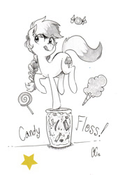 Size: 800x1183 | Tagged: safe, artist:glacierclear, oc, oc only, oc:candy floss, candy, cute, female, food, gold star, monochrome, partial color, solo, standing, standing on one leg, tongue out, traditional art