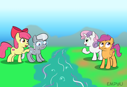 Size: 1000x687 | Tagged: safe, artist:empyu, apple bloom, scootaloo, silver spoon, sweetie belle, crusaders of the lost mark, 45 minute art challenge, cutie mark, cutie mark crusaders, river, stream, the cmc's cutie marks