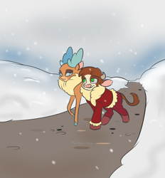 Size: 836x900 | Tagged: safe, artist:alorix, arizona cow, velvet reindeer, cow, deer, reindeer, them's fightin' herds, clothes, cloven hooves, coat, community related, female, lesbian, road, shipping, snow, snowfall, velvezona, velvezona daily, winter