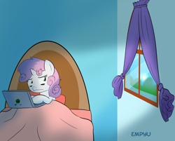 Size: 1000x803 | Tagged: safe, artist:empyu, sweetie belle, 30 minute art challenge, bags under eyes, bed mane, computer, insomnia, laptop computer, morning ponies, solo