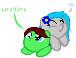 Size: 1024x787 | Tagged: safe, artist:goodheartfluttershy, artist:supermlpfan, artist:tess, oc, oc only, oc:green jay, oc:pencil blue, lying on top of someone, simple background, transparent background