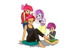 Size: 1900x1267 | Tagged: safe, artist:twilite-sparkleplz, edit, apple bloom, babs seed, scootaloo, sweetie belle, equestria girls, barefoot, clothes, cutie mark crusaders, episode idea, eyeshadow, feet, makeover, makeup, missing shoes, nail, nail polish, older, skirt, story, story included, toenail polish