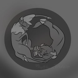 Size: 900x900 | Tagged: safe, artist:alorix, arizona cow, velvet reindeer, cow, deer, reindeer, them's fightin' herds, cloven hooves, community related, female, grayscale, lesbian, monochrome, shipping, velvezona, velvezona daily