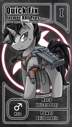 Size: 800x1399 | Tagged: safe, artist:vavacung, oc, oc only, oc:quick fix, cyborg, pony, unicorn, artificial wings, augmented, jet wings, male, mechanical wing, pactio card, stallion, technology, wings