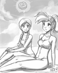 Size: 709x900 | Tagged: safe, artist:johnjoseco, allie way, human, beach, bikini, clothes, fair way, grayscale, helix fossil, humanized, monochrome, swimsuit