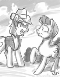 Size: 709x900 | Tagged: safe, artist:johnjoseco, braeburn, caramel, frown, grayscale, monochrome, raised hoof, sweat, sweatdrop