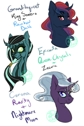 Size: 2000x3000 | Tagged: safe, artist:farewelldecency, oc, oc only, oc:corona, hybrid, adoptable, bust, crack shipping, interspecies offspring, magical lesbian spawn, offspring, parent:king sombra, parent:nightmare moon, parent:queen chrysalis, parent:rainbow dash, parent:rarity, parent:zecora, parents:chryscora, portrait