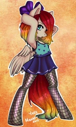 Size: 1219x2048 | Tagged: safe, artist:yukomaussi, oc, oc only, pegasus, pony, semi-anthro, armpits, bipedal, bow, clothes, fishnet stockings, hair bow, solo