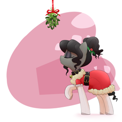 Size: 2000x2000 | Tagged: safe, artist:whydomenhavenipples, oc, oc only, oc:nikita, christmas, clothes, collar, eyes closed, holly, kissing, kissing meme, mistletoe, raised hoof, santa costume, solo, stockings, waiting