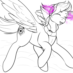 Size: 1280x1280 | Tagged: safe, artist:m-p-l, oc, oc only, oc:trance flash, eyes closed, flying, headphones, magic