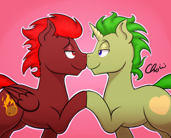 Size: 956x768 | Tagged: safe, artist:nekocrispy, oc, oc only, oc:golden heart, oc:storm flare, pegasus, pony, unicorn, boop, couple, eye contact, gay, holding hooves, male, noseboop, romance, shipping, smiling, stallion