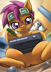 Size: 2000x2828 | Tagged: safe, artist:vavacung, scootaloo, pegasus, pony, featureless crotch, female, filly, goggles, maintenance, radio, repairing, screw, screwdriver, solo, wrench