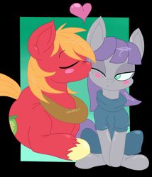 Size: 1230x1438 | Tagged: safe, artist:krazykari, artist:purple-yoshi-draws, big macintosh, maud pie, earth pony, pony, blushing, eyes closed, heart, kissing, macinmaud, male, prone, shipping, stallion, straight