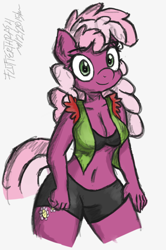 Size: 984x1485 | Tagged: safe, artist:flutterthrash, cheerilee, anthro, earth pony, belly button, clothes, compression shorts, female, looking at you, midriff, solo, sports bra