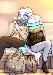 Size: 1378x1946 | Tagged: safe, artist:sigpi, aloe, lotus blossom, anthro, bag, bags, bench, cellphone, clothes, earbuds, jacket, pants, phone, pixiv, scarf, sharing headphones, sleeping, spa twins, winter