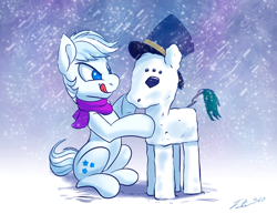 Size: 900x696 | Tagged: safe, artist:tsitra360, double diamond, :p, clothes, hat, scarf, sitting, snow, snowfall, snowpony, solo, tongue out, top hat, winter