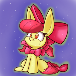 Size: 1250x1250 | Tagged: safe, artist:heir-of-rick, part of a set, apple bloom, earth pony, pony, daily apple pony, :t, adorabloom, bow, bowtie, cute, female, filly, freckles, glow, gradient background, hair bow, heir-of-rick is trying to murder us, impossibly large ears, large ears, neck bow, puffy cheeks, sitting, smiling, snow, solo, tail bow