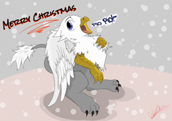 Size: 3035x2149 | Tagged: safe, artist:kassc, oc, oc only, oc:der, griffon, chirp, claws, cute, merry christmas, open mouth, snow, snowfall, solo