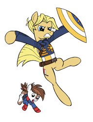 Size: 2268x2968 | Tagged: safe, artist:edcom02, artist:jmkplover, pipsqueak, pony, bucky barnes, captain america, captain equestria, crossover, duo, marvel, ponified, shield, simple background, steve rogers, transparent background