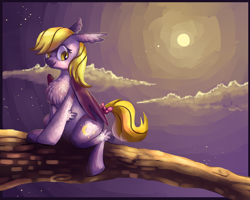 Size: 1000x800 | Tagged: safe, artist:meinkenny, derpibooru import, oc, oc only, oc:moonlight, bat pony, pony, moon, night, sitting, solo, tree