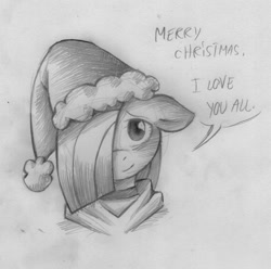 Size: 850x842 | Tagged: safe, artist:lonelycross, marble pie, ask lonely inky, blushing, choker, christmas, clothes, explicit source, hat, holiday, hoodie, lonely inky, looking at you, merry christmas, monochrome, old, santa hat, solo, traditional art