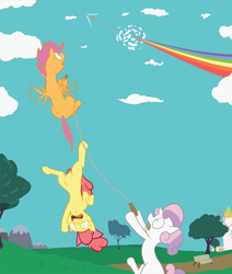 Size: 1800x2125 | Tagged: safe, artist:gildedowl, derpibooru import, apple bloom, scootaloo, sweetie belle, cutie mark crusaders, fangasm, flying, implied rainbow dash, jump rope, observer, rainbow, scared, scootaloo can fly, suspended, trail, tree, upside down, vertigo, voyeur