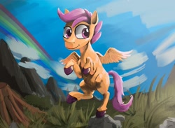 Size: 1330x973 | Tagged: safe, artist:gildedowl, derpibooru import, scootaloo, balancing, cloud, cloudy, mountain, rainbow, rock, smiling, solo, spread wings, unshorn fetlocks