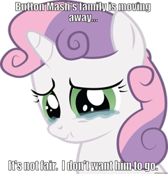 Size: 877x911 | Tagged: safe, derpibooru import, button mash, sweetie belle, bronybait, buttongate, crying, image macro, sad, solo