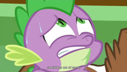 Size: 852x479 | Tagged: safe, derpibooru import, screencap, spike, dragon, meme, sweat, youtube caption