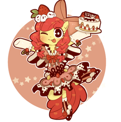 Size: 768x774 | Tagged: safe, artist:umeguru, derpibooru import, apple bloom, cake, clothes, food, solo, strawberry