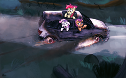 Size: 5304x3280 | Tagged: safe, artist:sevoohypred, derpibooru import, apple bloom, scootaloo, sweetie belle, car, cutie mark crusaders, dodge (car), dodge journey, this will end in tears and/or death and/or covered in tree sap