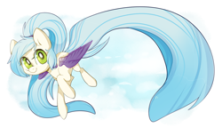 Size: 1000x577 | Tagged: safe, artist:vella, derpibooru import, oc, oc only, oc:star chaser, pegasus, pony, colored wings, flying, long mane, long tail, ponytail, solo