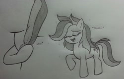 Size: 1118x712 | Tagged: safe, artist:lockerobster, derpibooru import, oc, oc only, oc:safe haven, pony, female, mare, missing leg, monochrome, solo, traditional art