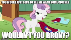 Size: 480x270 | Tagged: safe, derpibooru import, edit, edited screencap, screencap, sweetie belle, pony, unicorn, bronybait, butt, cape, caption, clothes, female, filly, image macro, plot