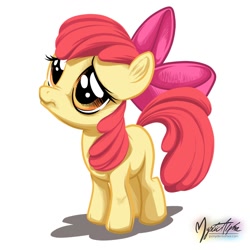 Size: 1000x1000 | Tagged: safe, artist:mysticalpha, apple bloom, friendship is magic, adorabloom, cute, frown, looking up, nose wrinkle, sad, scene interpretation, simple background, solo