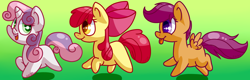 Size: 2500x800 | Tagged: safe, artist:zoiby, derpibooru import, apple bloom, scootaloo, sweetie belle, chibi, cutie mark crusaders