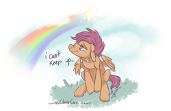 Size: 800x522 | Tagged: safe, artist:clovercoin, derpibooru import, scootaloo, crying, rainbow, sad, scootasad, solo