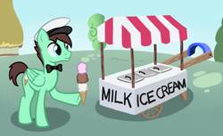 Size: 1144x700 | Tagged: safe, artist:arrkhal, derpibooru import, oc, oc only, pegasus, pony, bowtie, cart, hat, ice cream, ice cream cart, male, mint chocolate chip, mint ice cream, solo, stallion